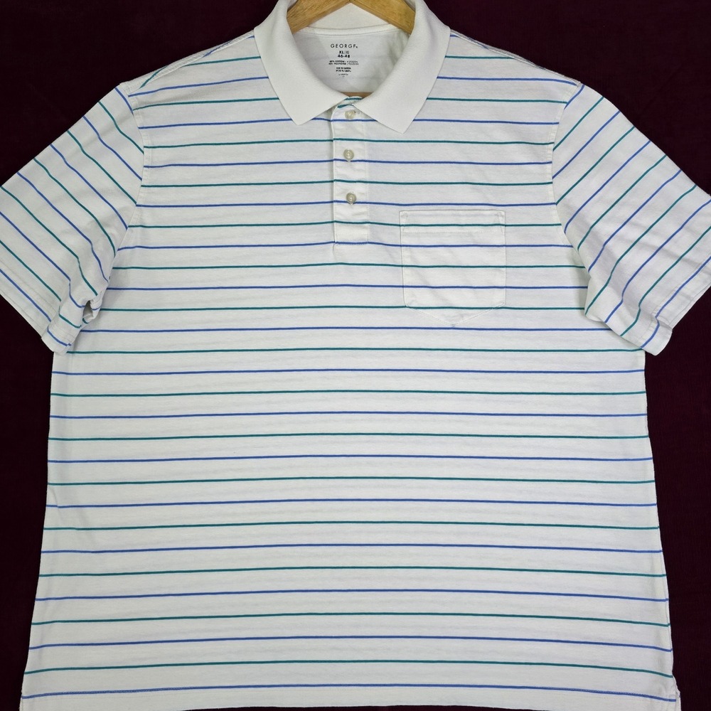 George Mens XL White Striped Short Sleeve Pocket Polo Shirt Blue Green Golf